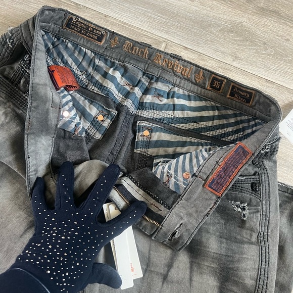 Rock Revival Armory Biker Faded Gray Distressed Embellished Jeans - Picture 10 of 17